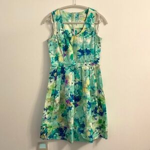Calvin Klein Fit & Flare Sleeveless Pleated Dress Size 2 Blue Green Teal White